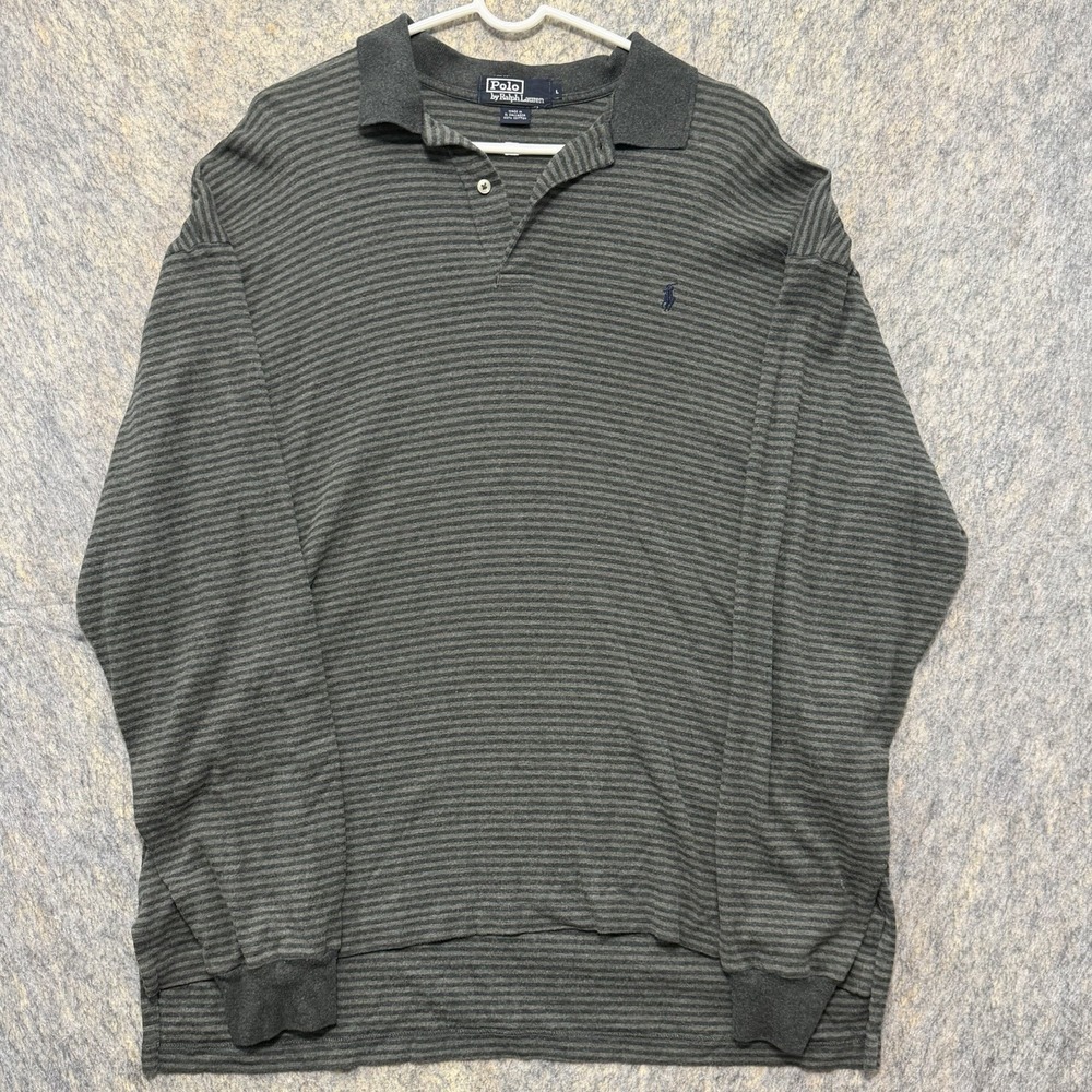 Polo Ralph Lauren Mens L Long Sleeve Polo Shirt Gray Striped Pony 100% Cotton